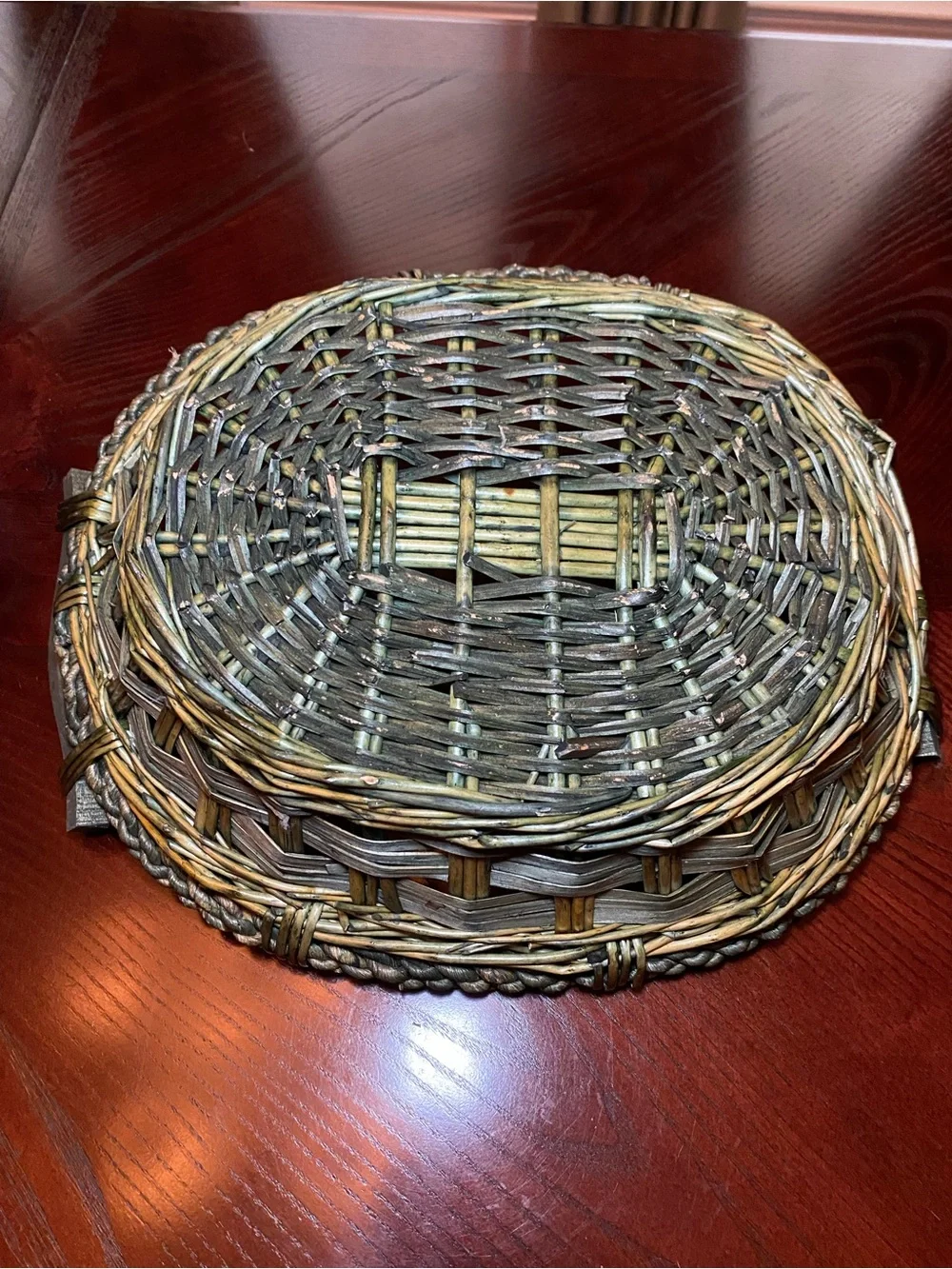 Handwoven Green-Brown Decorative Wicker Basket Bowl 18.5x14.5x4